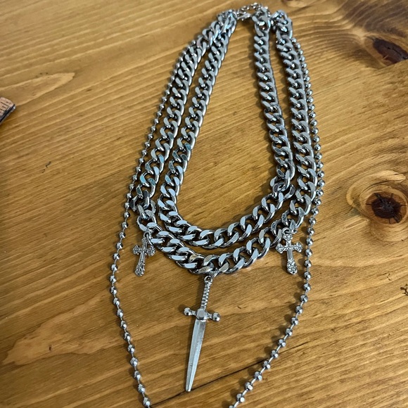 Vintage 1980  gothic style 3 tier chain with 2 crosses and a sword 16 inches - Picture 5 of 9
